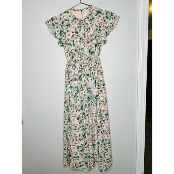 SHOSHANNA Pink Floral Hourglass Flutter Sleeves Ruffled Triana Midi Dress Size 2 - Picture 4 of 13